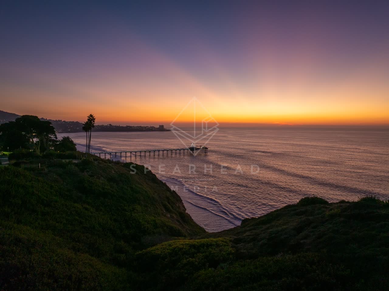 Elevated view of the cliffs, the pier and palm trees at La Jolla Shores.