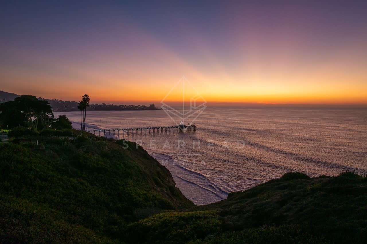 Elevated view of the cliffs, the pier and palm trees at La Jolla Shores.