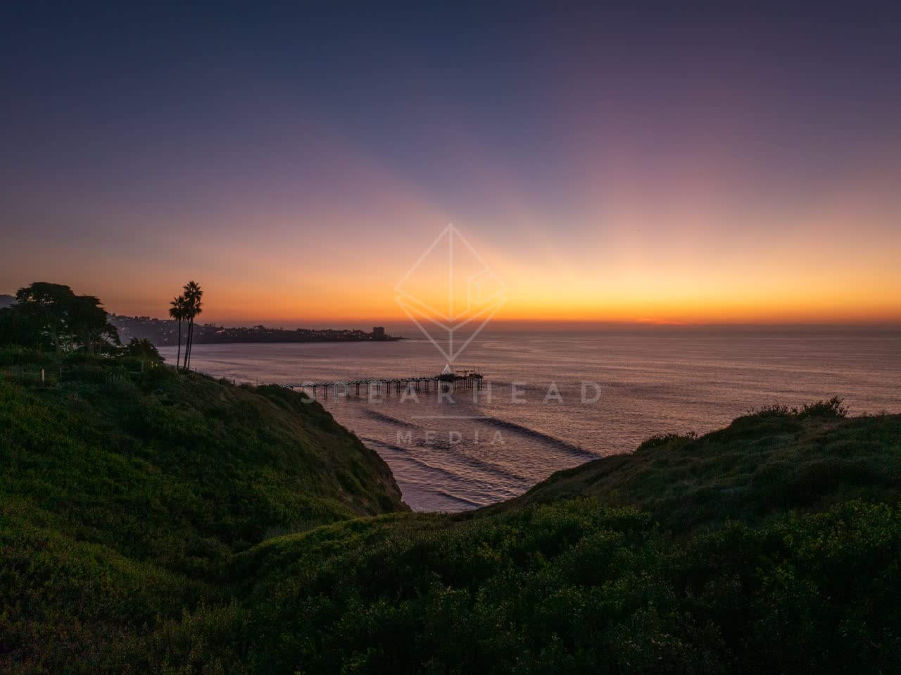 Elevated view of the cliffs, the pier and palm trees at La Jolla Shores.