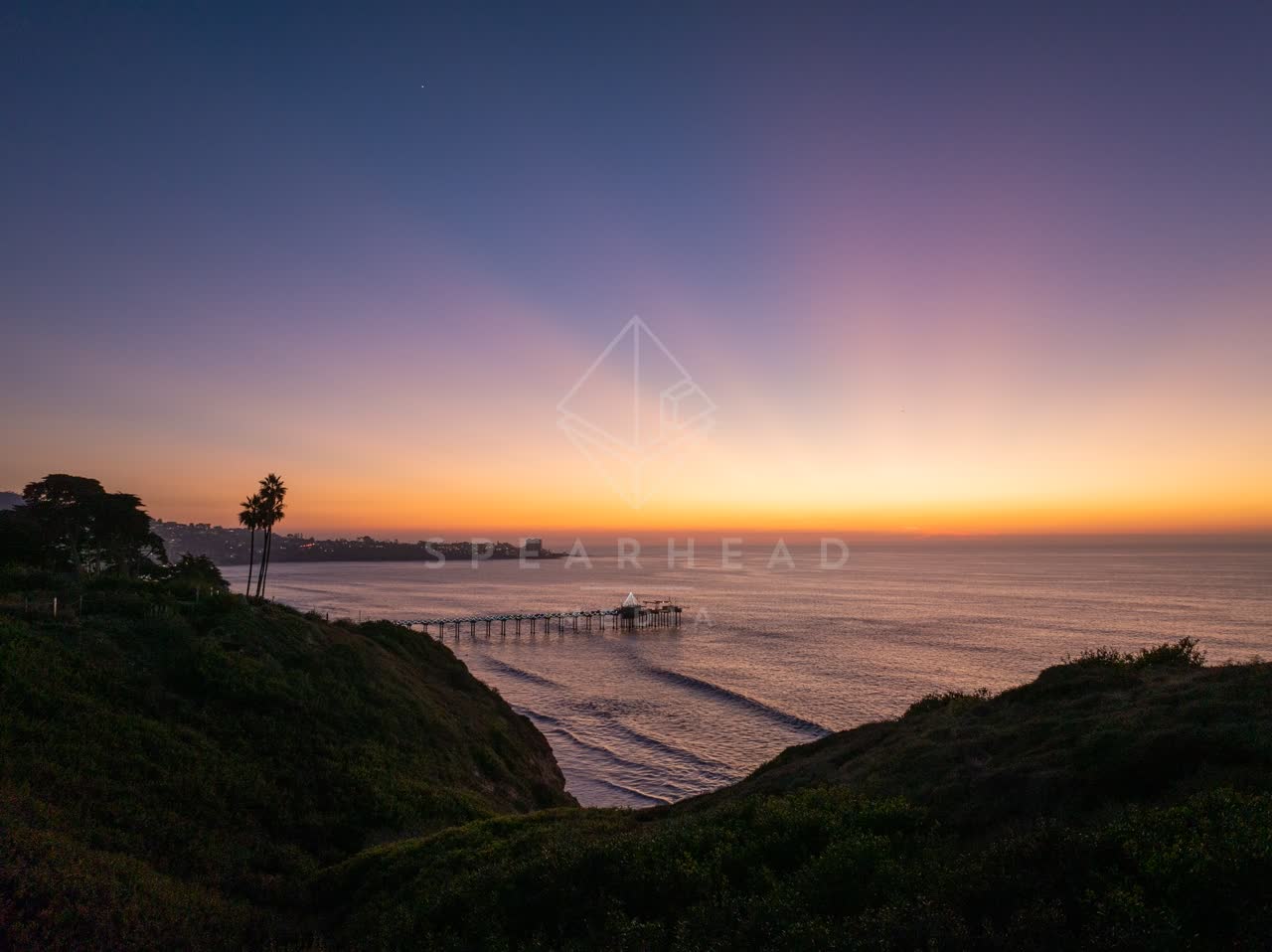 Elevated view of the cliffs, the pier and palm trees at La Jolla Shores.