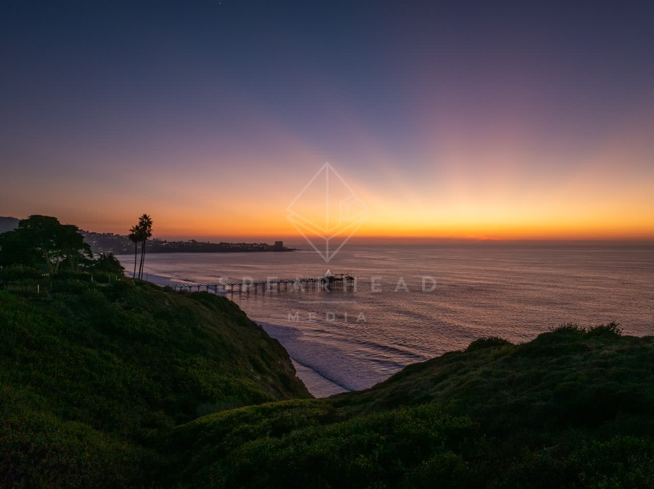 Elevated view of the cliffs, the pier and palm trees at La Jolla Shores.