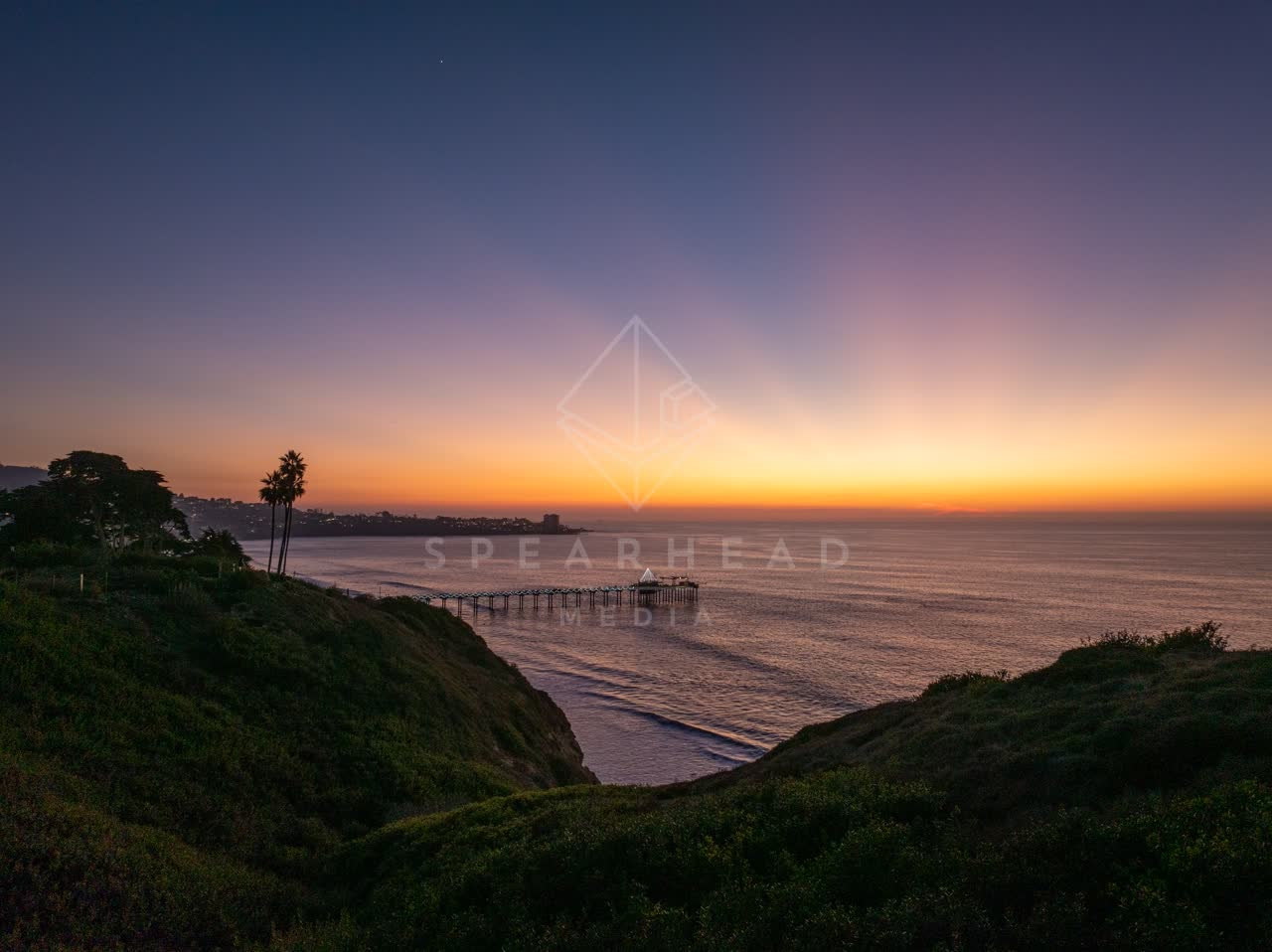 Elevated view of the cliffs, the pier and palm trees at La Jolla Shores.