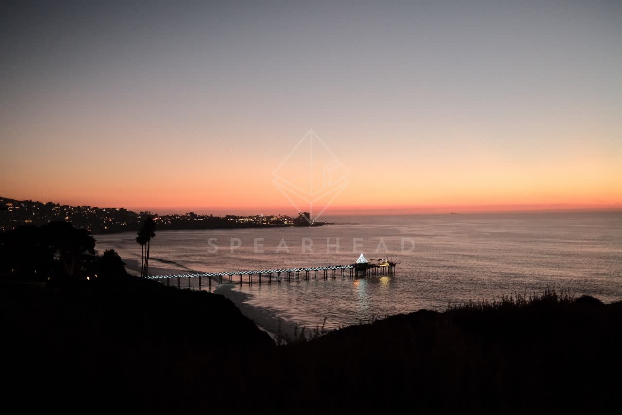 Elevated view of the cliffs, the pier and palm trees at La Jolla Shores.