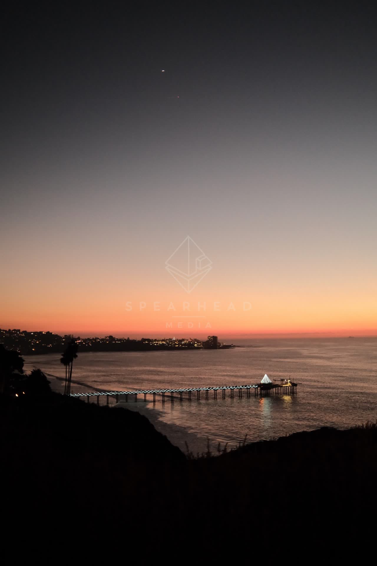 Elevated view of the cliffs, the pier and palm trees at La Jolla Shores.