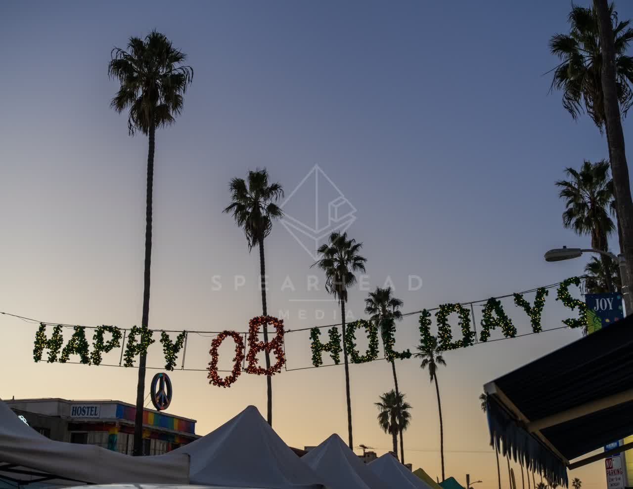 The downtown streets, palm trees and the buildings in Ocean Beach.