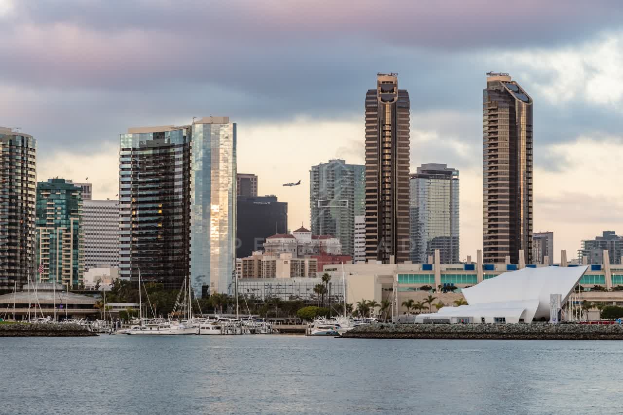 View from the water of the downtown streets, the skyline and boats at Embarcadero.