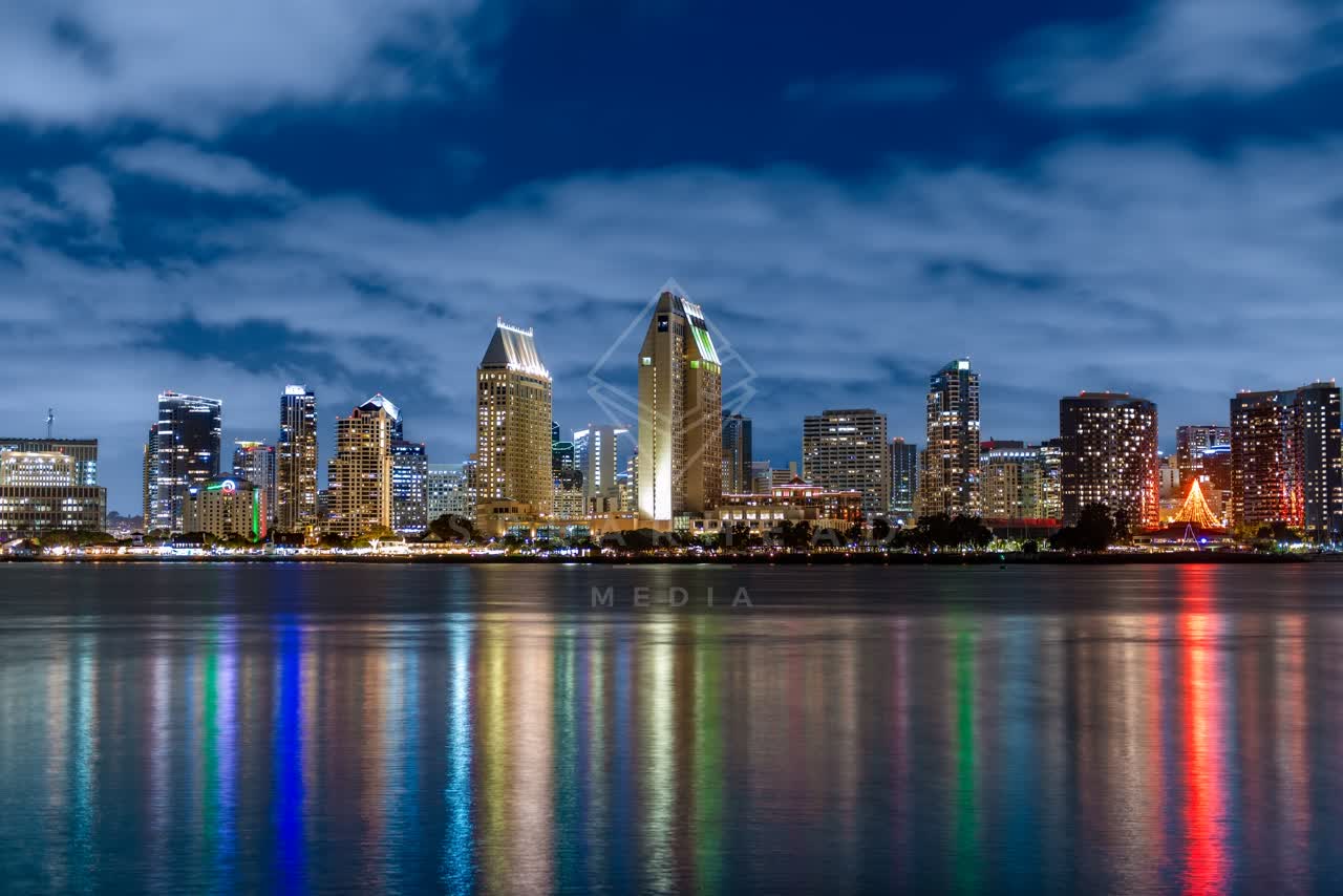 View from the water of the downtown streets, the skyline and the bay at Embarcadero.