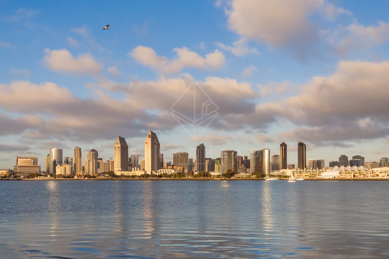 View from the water of the downtown streets, the skyline and boats at Embarcadero.