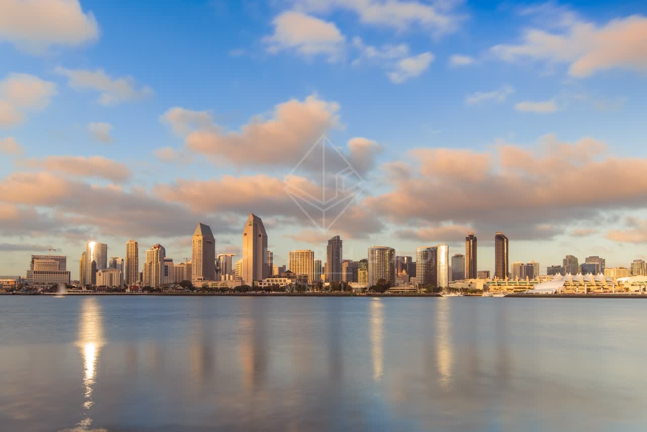 View from the water of the downtown streets, the skyline and boats at Embarcadero.