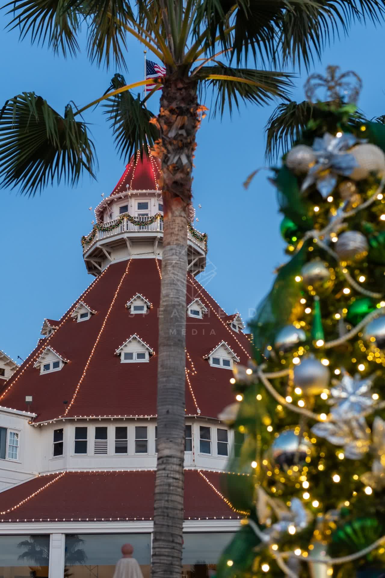 The downtown streets, palm trees and the buildings at Coronado Beach.