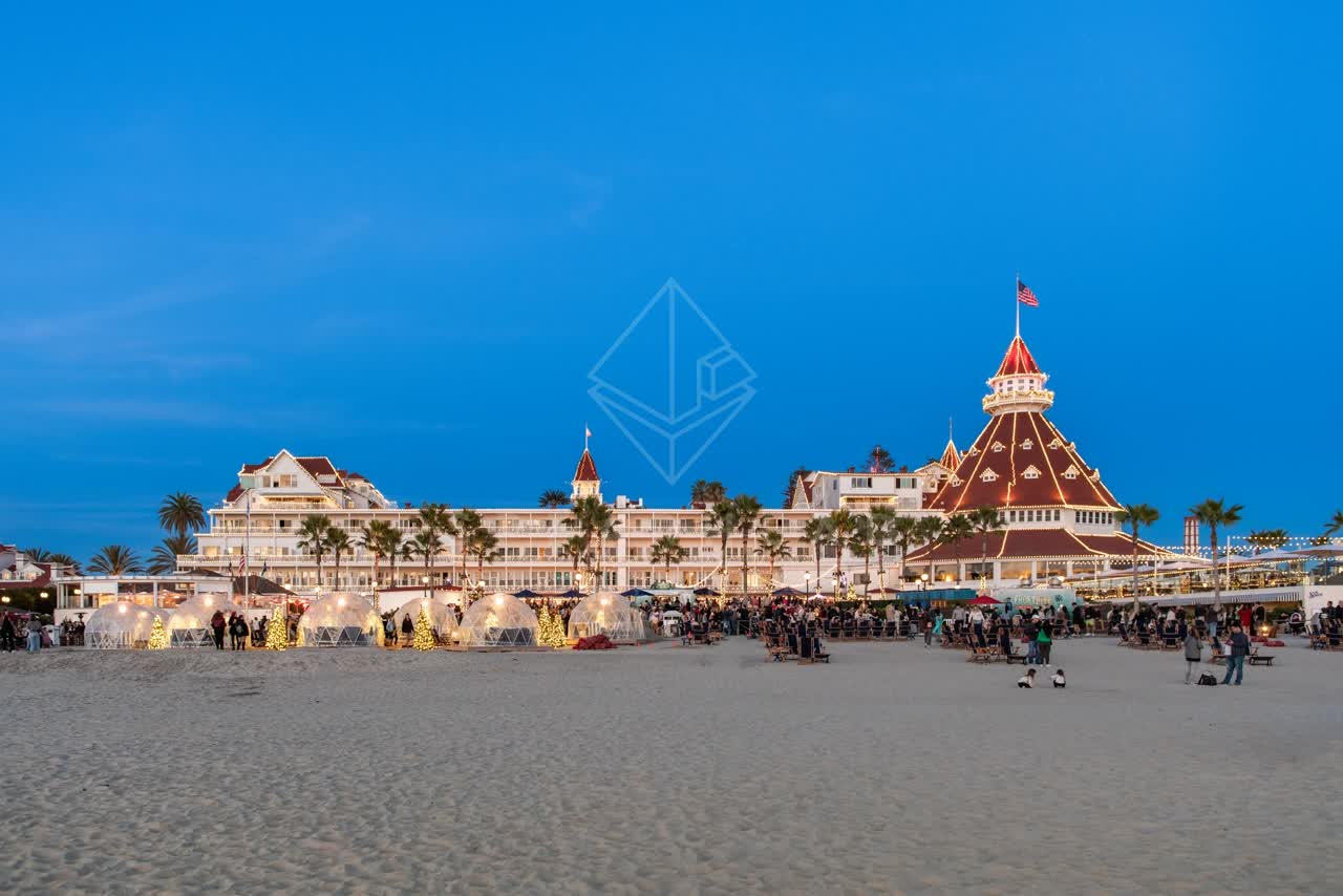 The beach, palm trees and the buildings at Coronado Beach, with a crowd gathered.