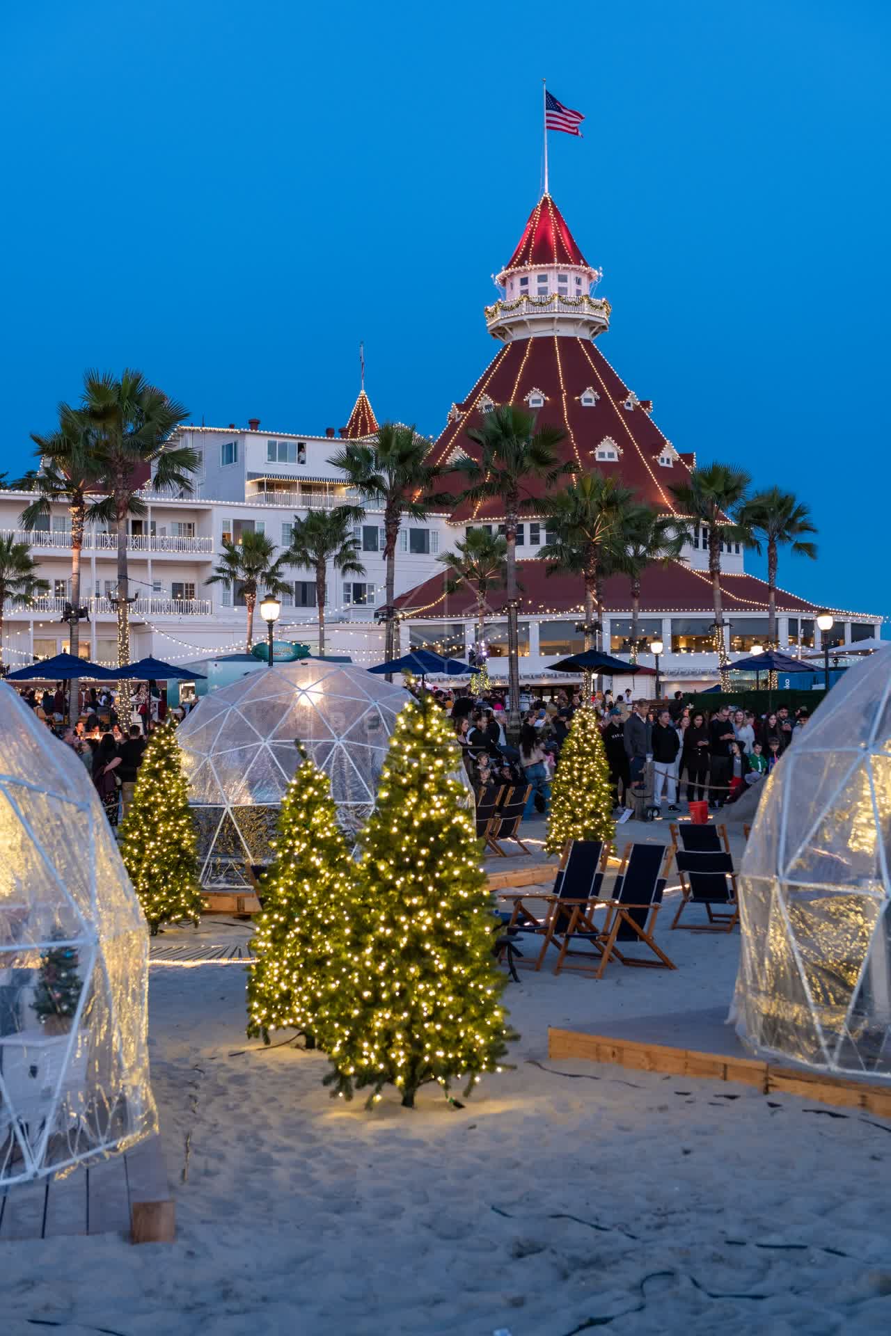 The beach, palm trees and the buildings at Coronado Beach, with a crowd gathered.