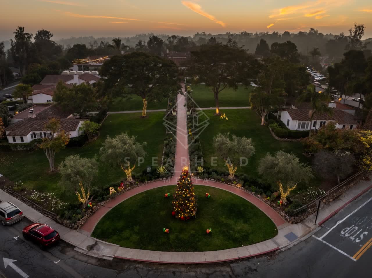 Aerial view of a residential street, homes and the buildings at Covenant.