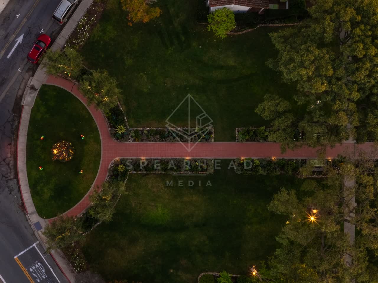 Aerial view of a park, traffic and open country at Covenant.