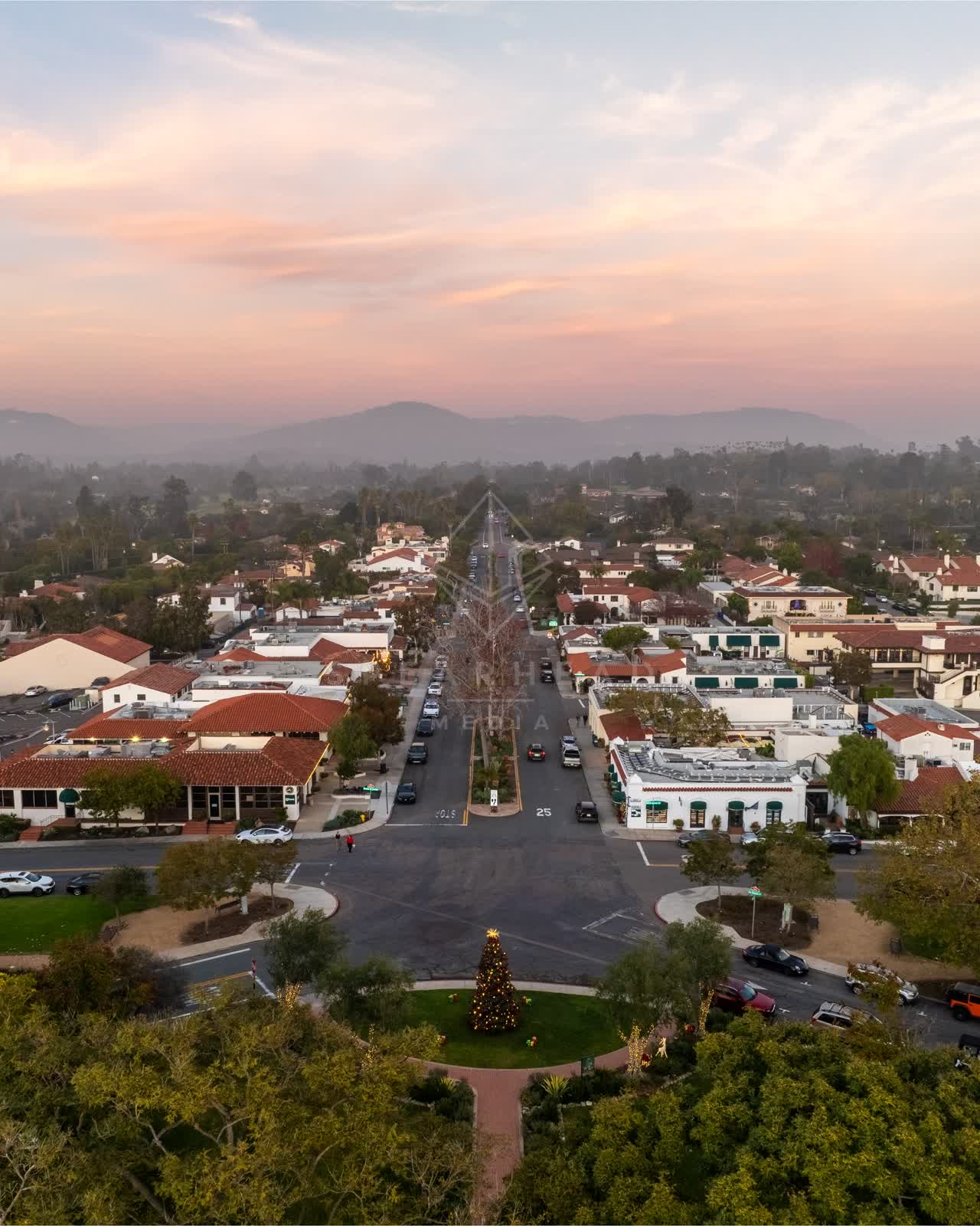 Aerial view of the downtown streets, homes and the buildings at Covenant.