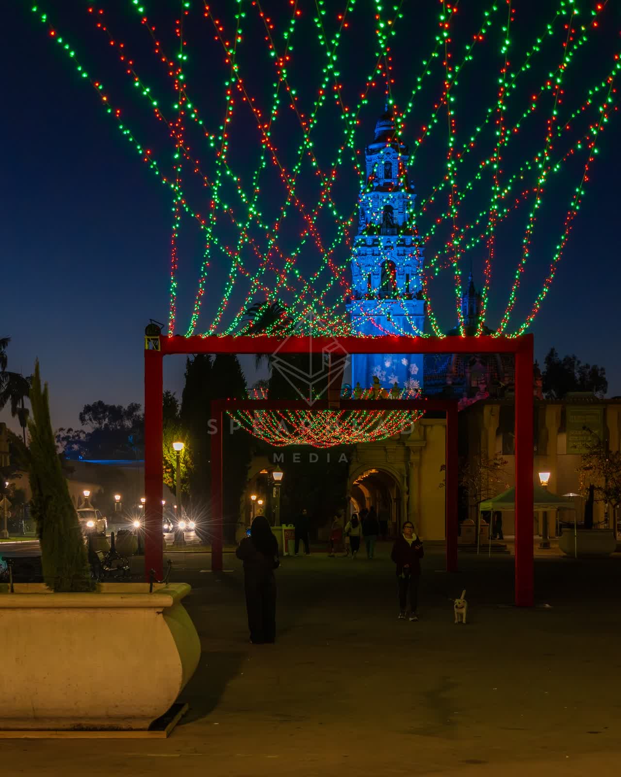 A park, wildlife and the buildings in Balboa Park, with people walking.