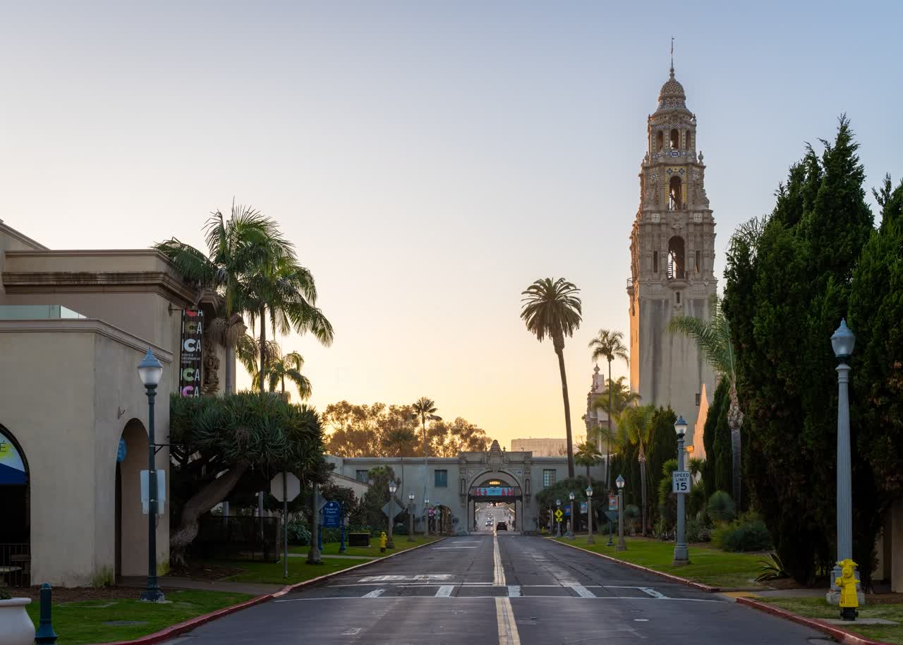 A park, palm trees and the buildings in Balboa Park.