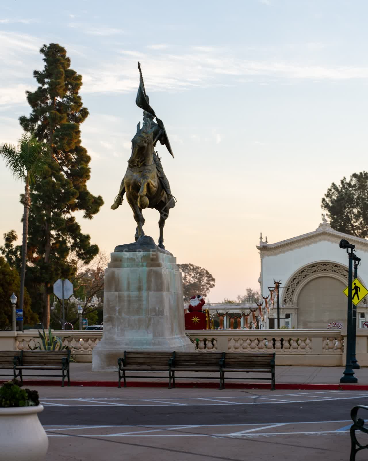 A park, palm trees and the buildings in Balboa Park.