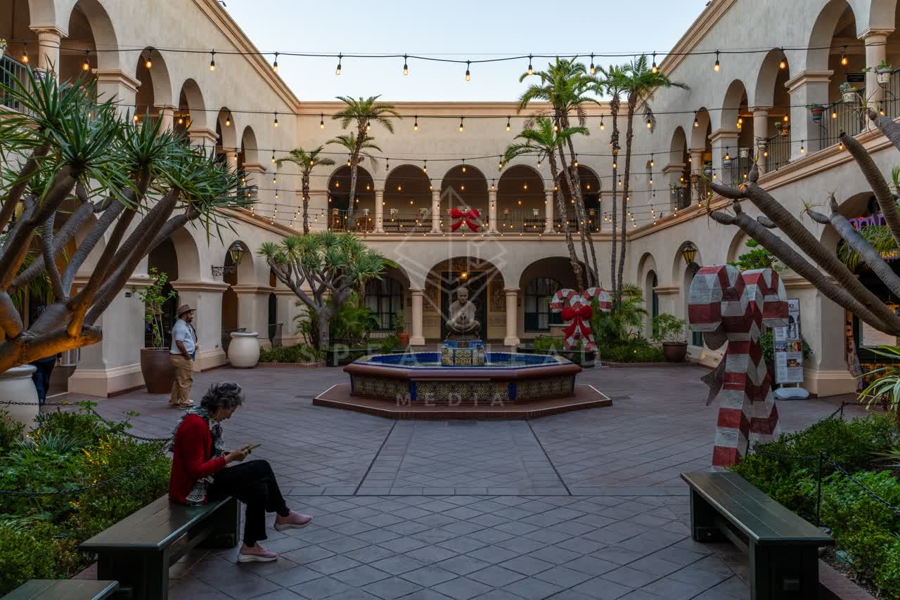 A park, palm trees and the buildings in Balboa Park.