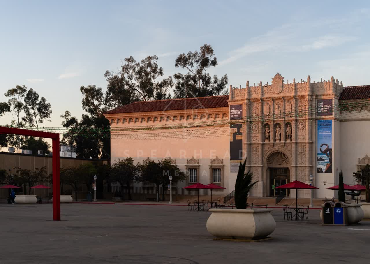 A park, the buildings and open country in Balboa Park.