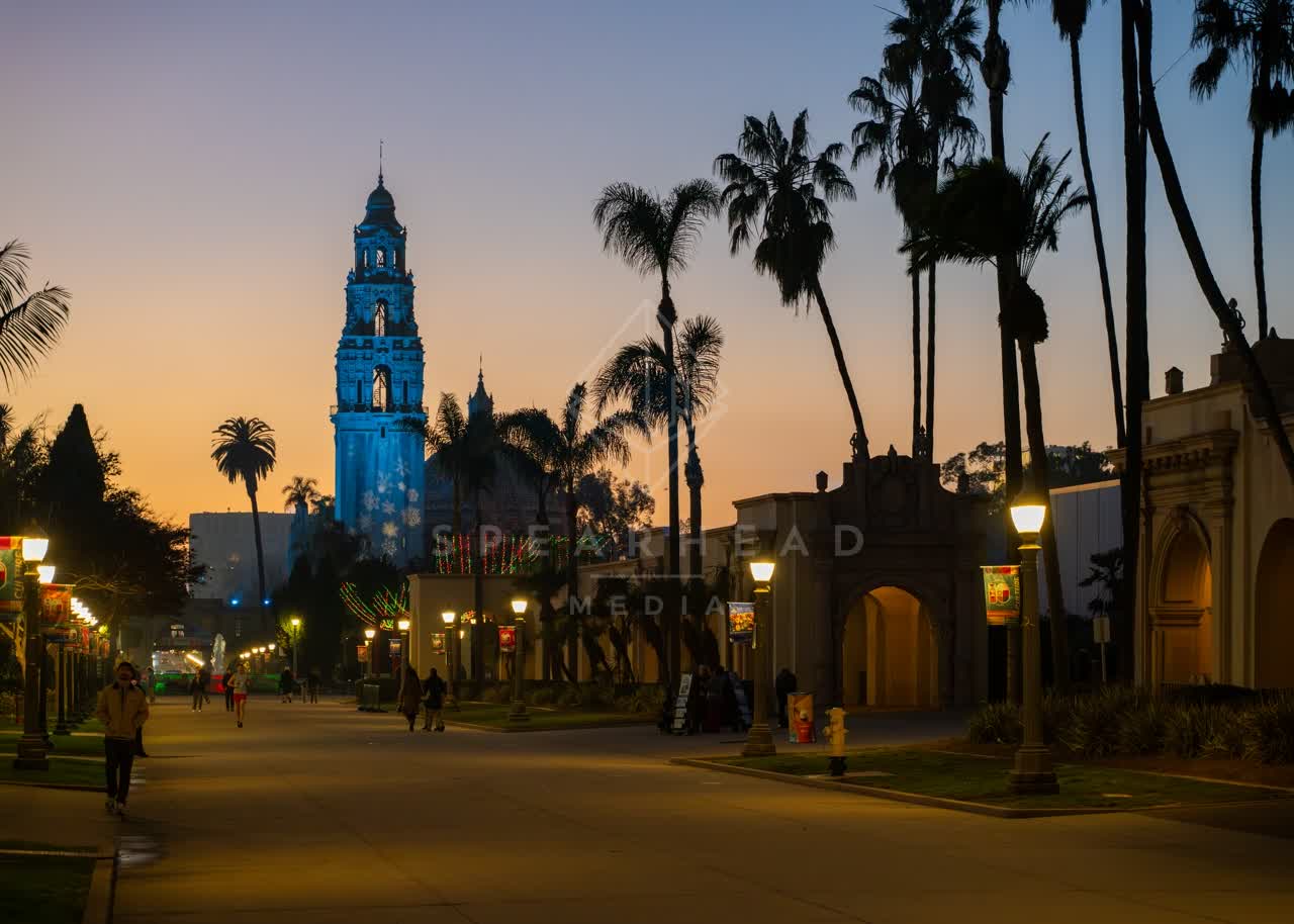 A park, palm trees and the buildings in Balboa Park, with people walking.