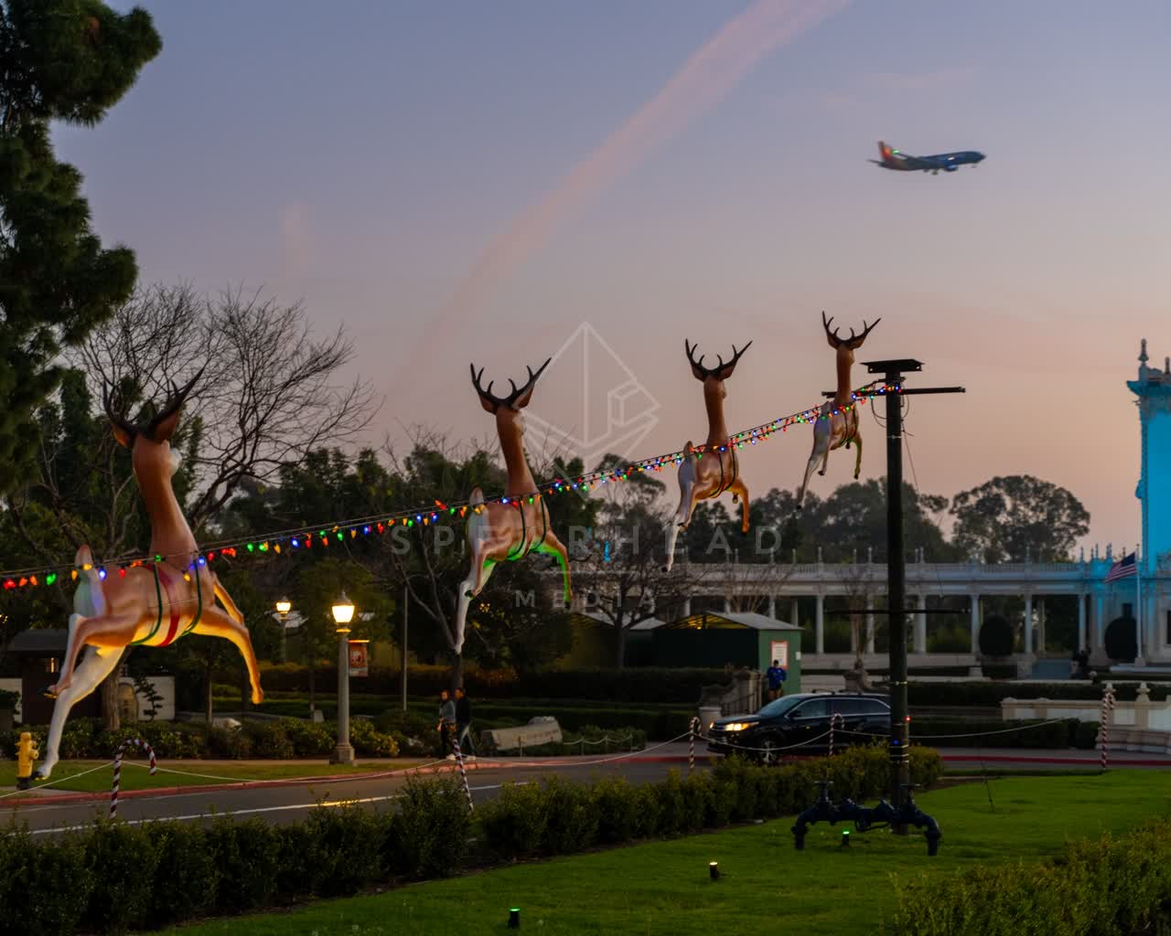 A park, the buildings and traffic in Balboa Park.