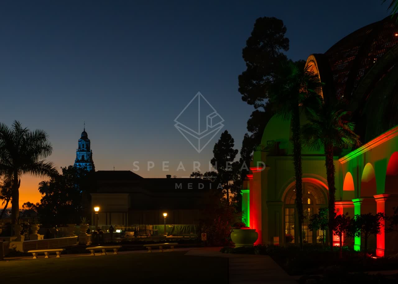 A park, palm trees and the buildings in Balboa Park.