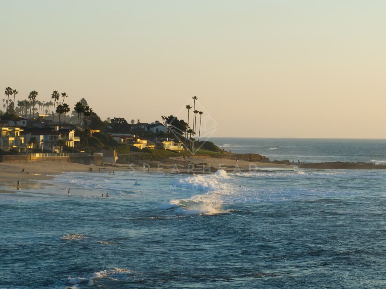 The beach, the surf and palm trees at La Jolla Cove, with swimmers in the water.