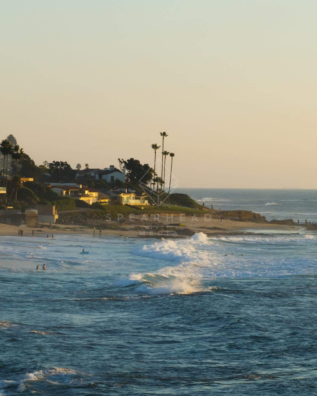 Elevated view of the beach, the surf and palm trees at La Jolla Cove, with swimmers in the water.