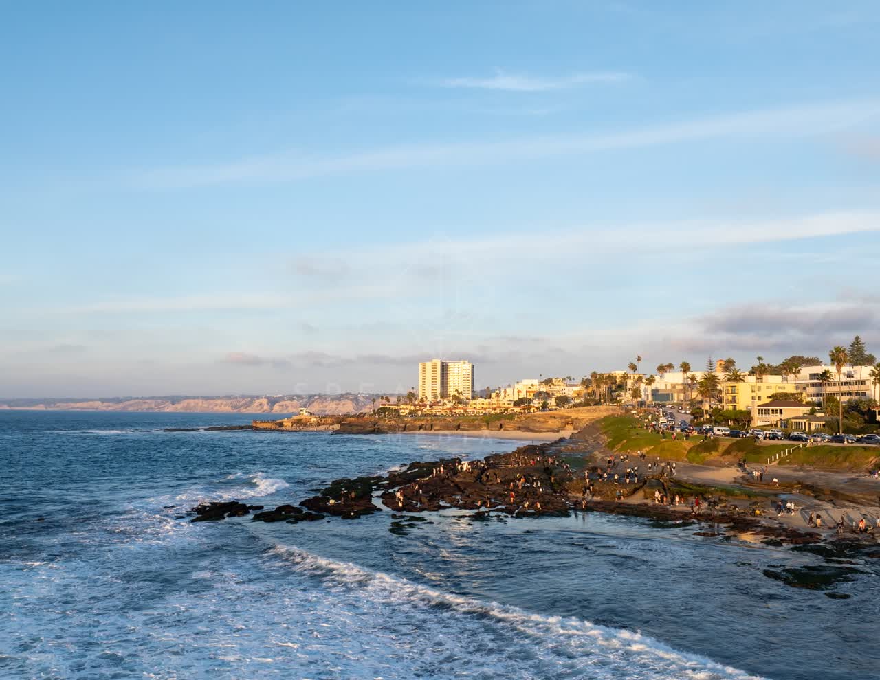 Low aerial view of the cliffs, the surf and palm trees at La Jolla Cove, with a crowd gathered.