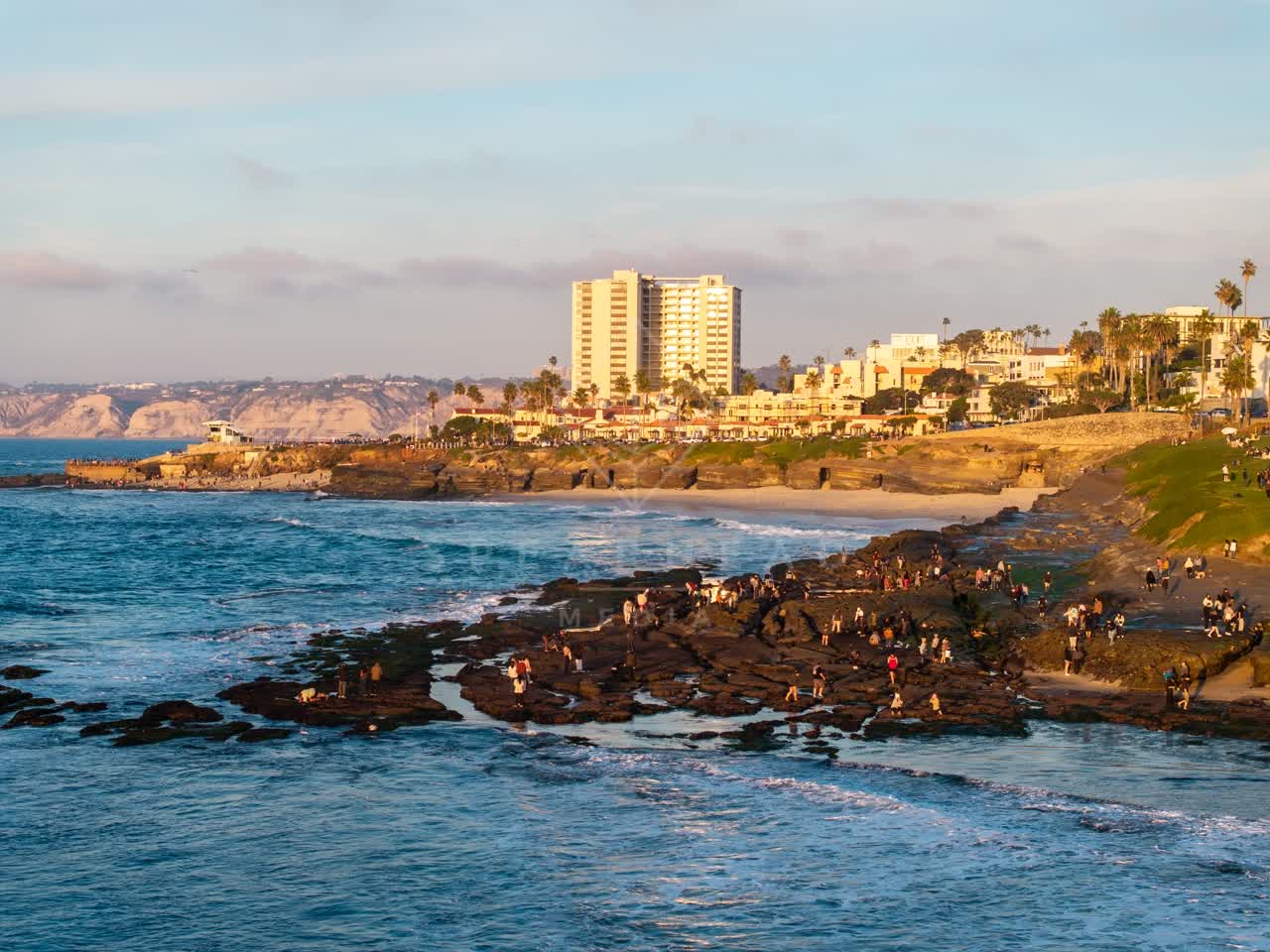 Low aerial view of the cliffs, palm trees and the ocean at La Jolla Cove, with a crowd gathered.