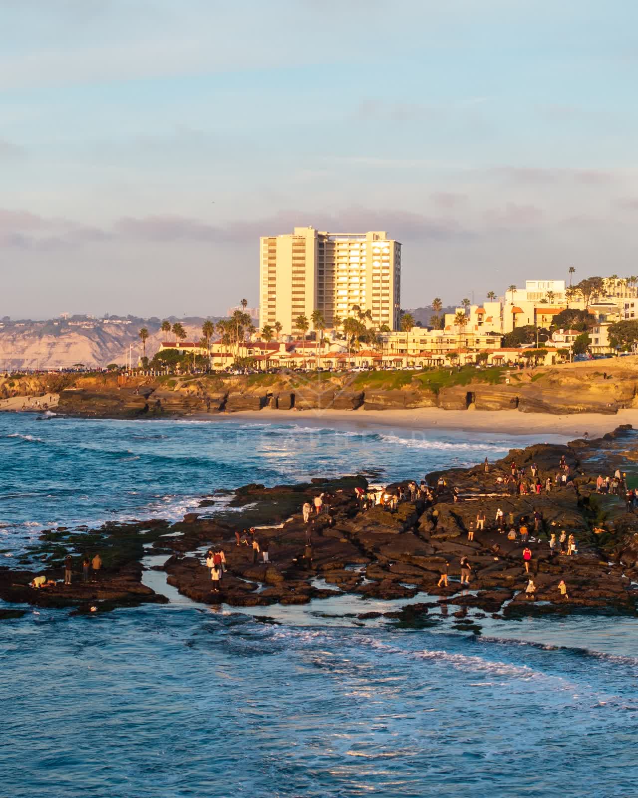The cliffs, palm trees and the ocean at La Jolla Cove, with a crowd gathered.