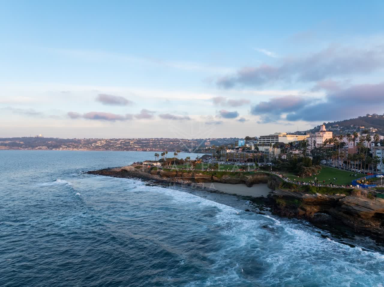 Aerial view of the cliffs, palm trees and the ocean at La Jolla Cove.