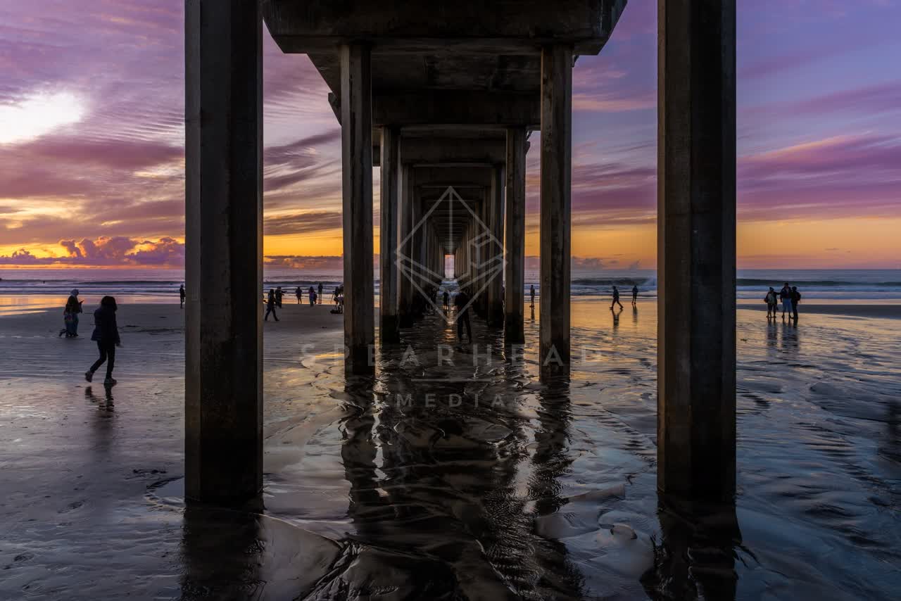 The beach, the pier and the ocean at La Jolla Shores, with people walking.