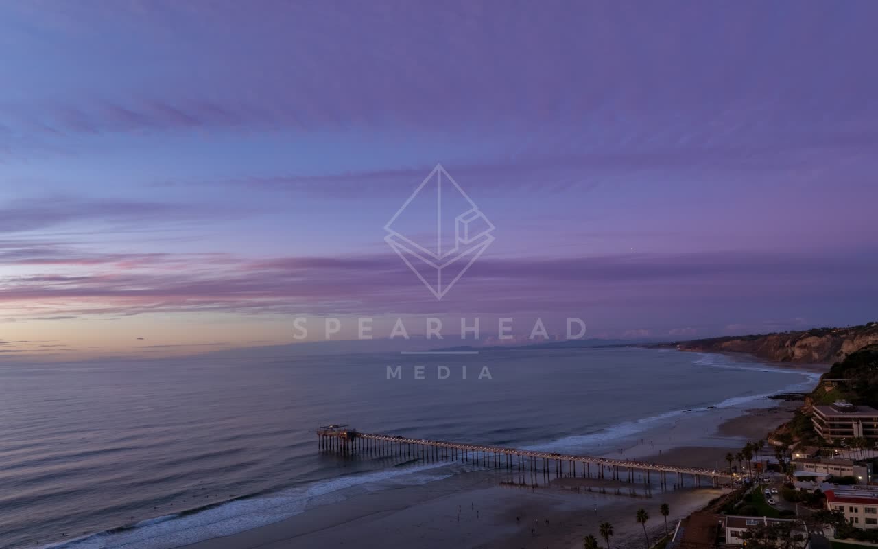 Aerial view of the beach, the pier and the ocean at La Jolla Shores.