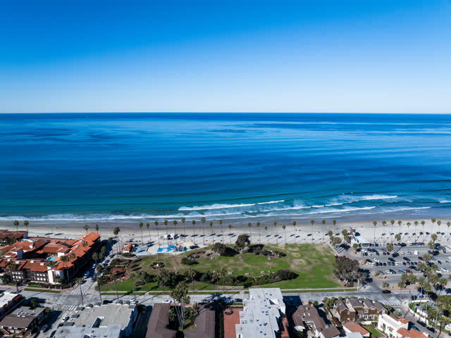Aerial view of the beach, the surf and palm trees at La Jolla Shores.