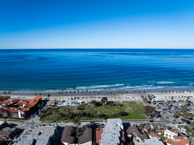 Aerial view of the beach, the surf and palm trees at La Jolla Shores.