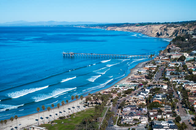 Aerial view of the beach, the surf and the pier at La Jolla Shores.