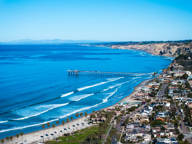 Aerial view of the beach, the surf and the pier at La Jolla Shores.
