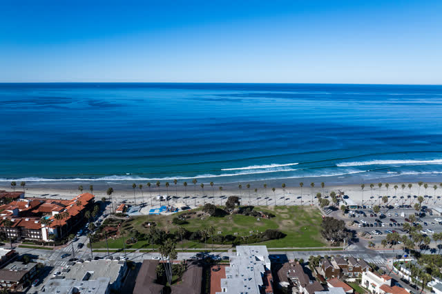 Aerial view of the beach, palm trees and the ocean at La Jolla Shores.