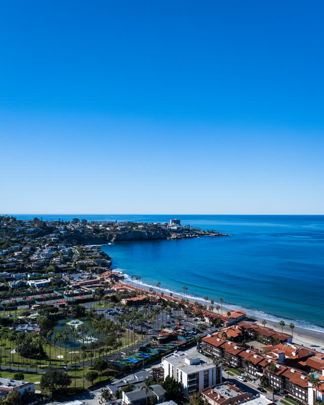Aerial view of the beach, palm trees and the ocean at La Jolla Cove.