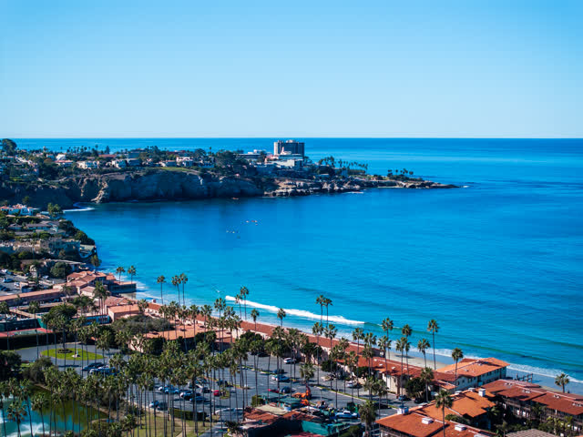 Aerial view of the beach, the surf and palm trees at La Jolla Cove.