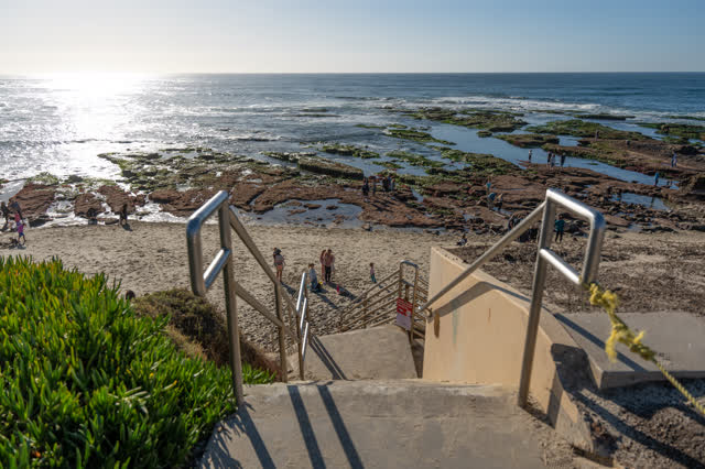 Elevated view of the beach, the ocean and the cliffs at La Jolla Cove, with people walking.