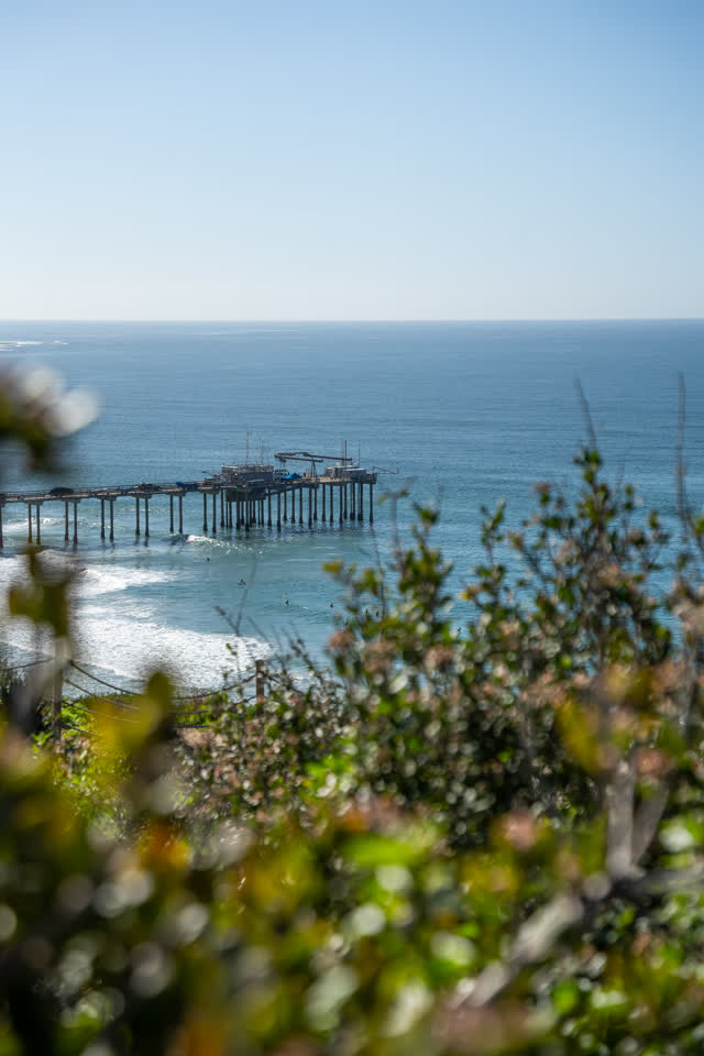 Elevated view of the cliffs, the surf and the pier at La Jolla Shores.
