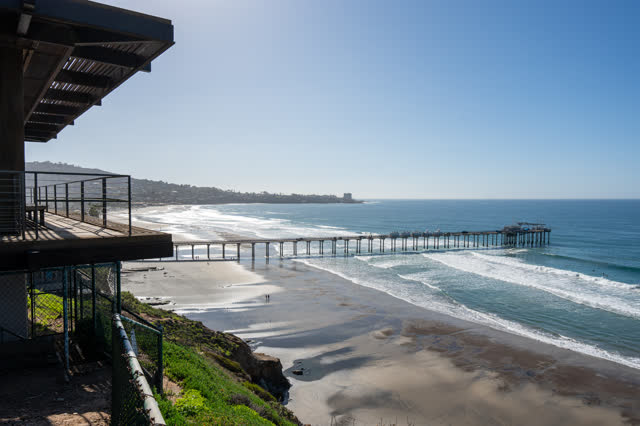 Elevated view of the cliffs, the surf and the pier at La Jolla Shores, with people walking.