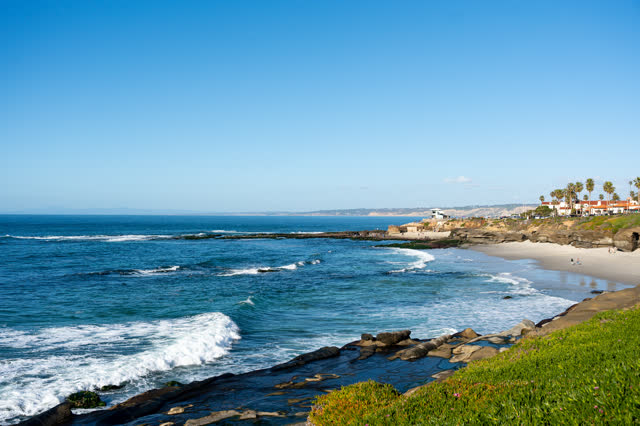 Elevated view of the beach, the surf and palm trees at La Jolla Cove, with people walking.