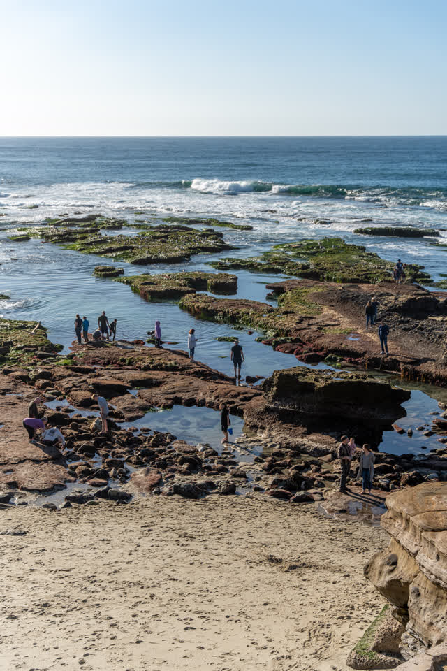 Elevated view of the beach, the surf and the ocean at La Jolla Cove, with a crowd gathered.