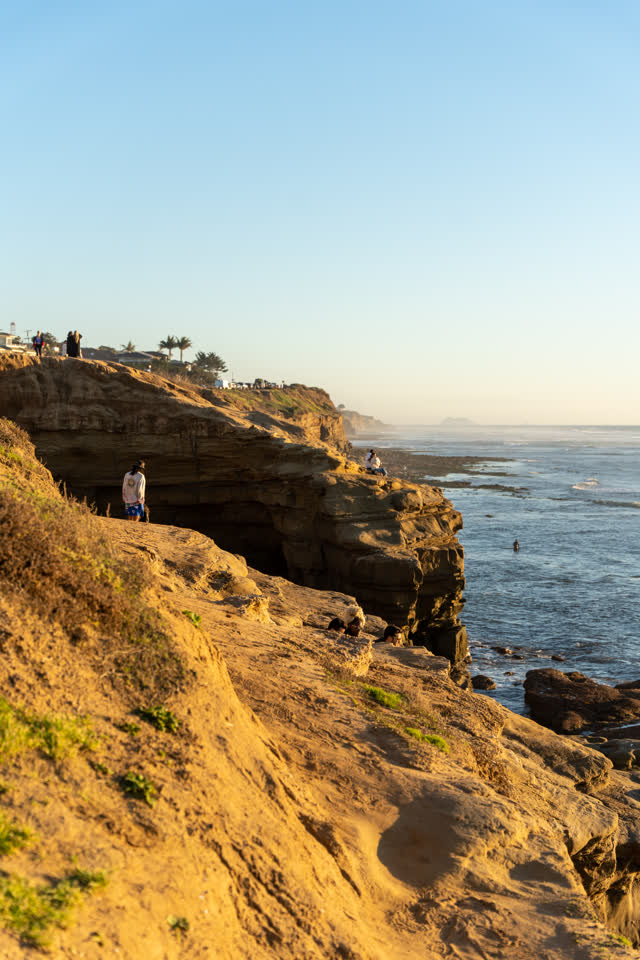 Elevated view of the cliffs, palm trees and the ocean at Sunset Cliffs, with people walking.