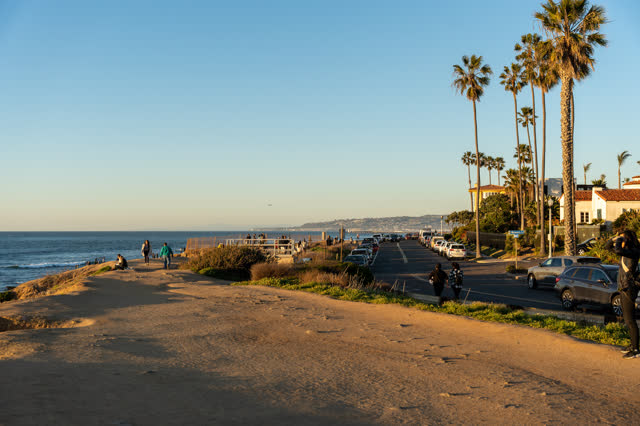 The cliffs, palm trees and the ocean at Sunset Cliffs, with people walking.