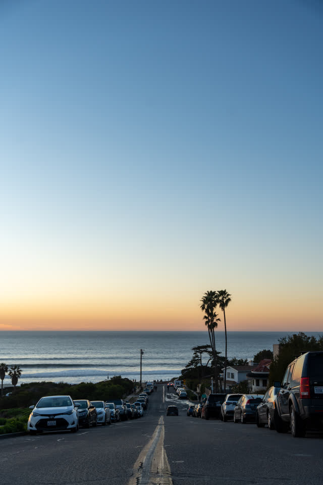 Elevated view of a residential street, the surf and palm trees at Sunset Cliffs.